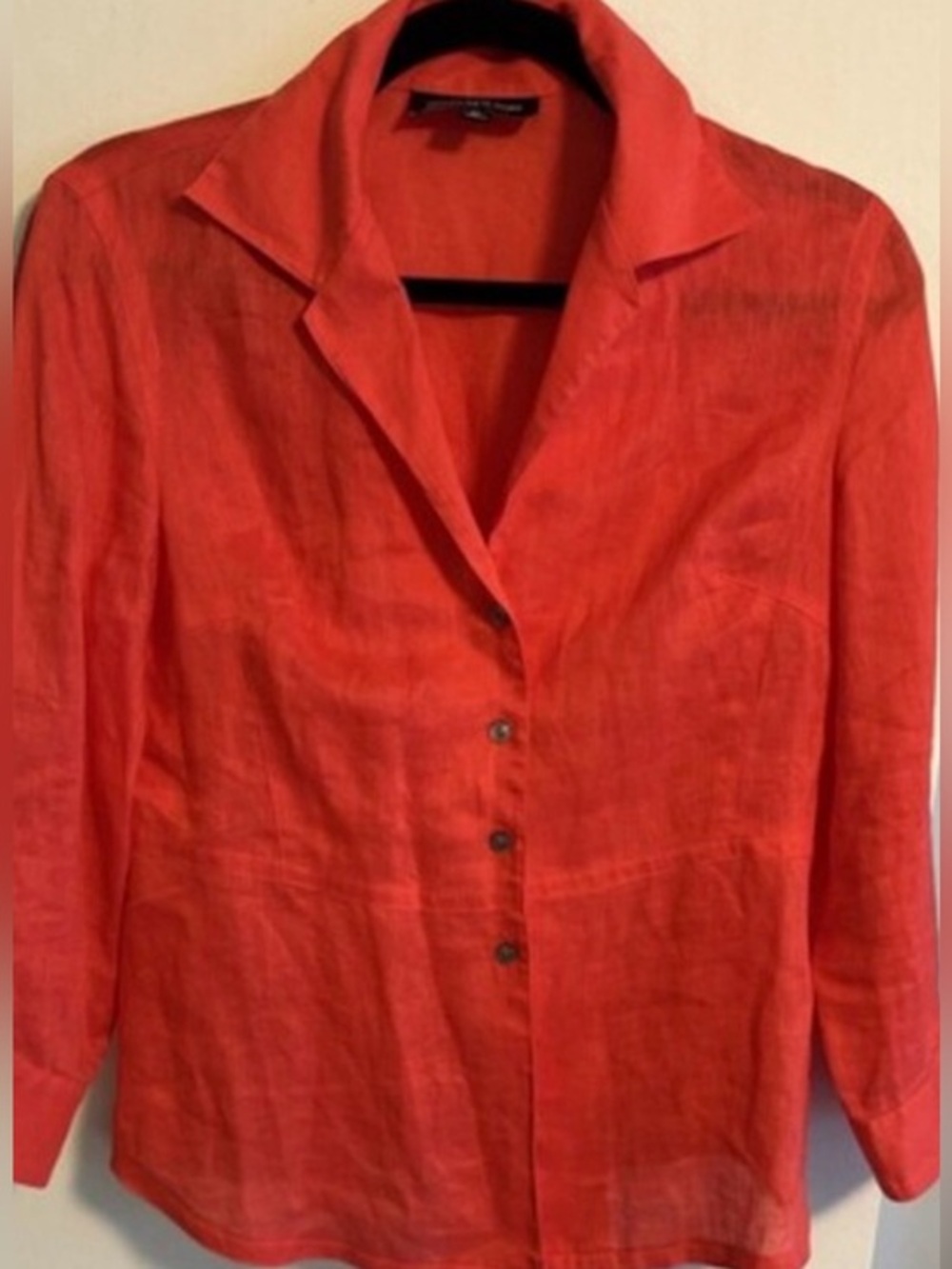 Jones N Y Collection Petite Crisp Linen Top Button Down Coral 3/4 Sleeves Sz 8P
